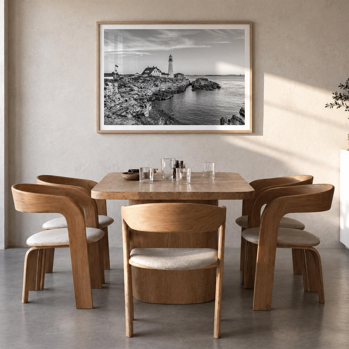 Portland, Maine black & white photo poster of Maine, USA – horizontal wall art in natural wood frame with white border, hangi