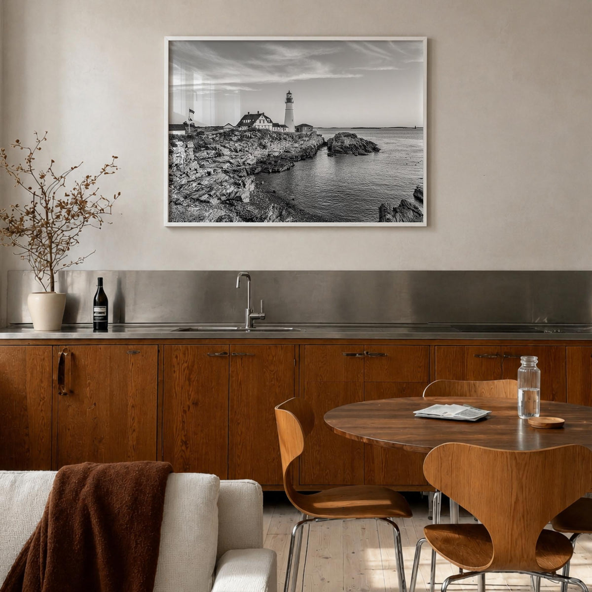 Portland, Maine black & white photo poster of Maine, USA – horizontal wall art in white wood frame, hanging on wall