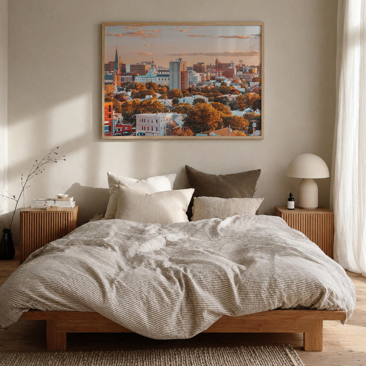 Portland, Maine colorful photo poster of Maine, USA – horizontal wall art in natural wood frame, hanging on wall