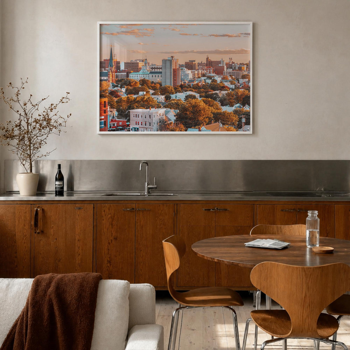 Portland, Maine colorful photo poster of Maine, USA – horizontal wall art in white wood frame, hanging on wall