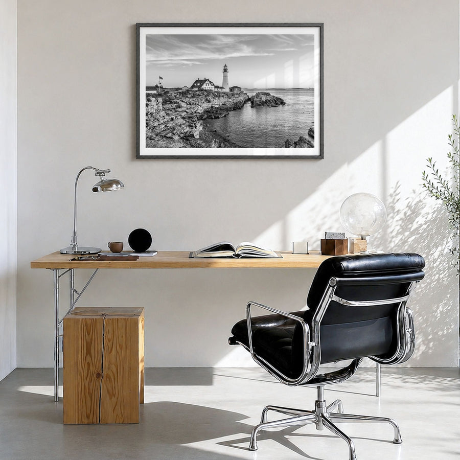 Portland, Maine Photo Poster in a black wood frame, hanging in a bright home office, white border