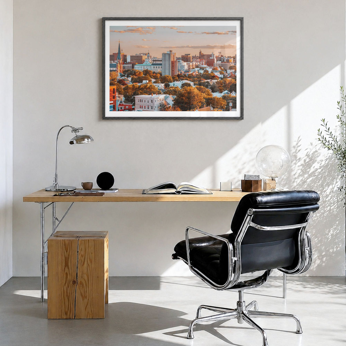 Portland, Maine Photo Poster in a black wood frame, hanging in a bright home office, white border