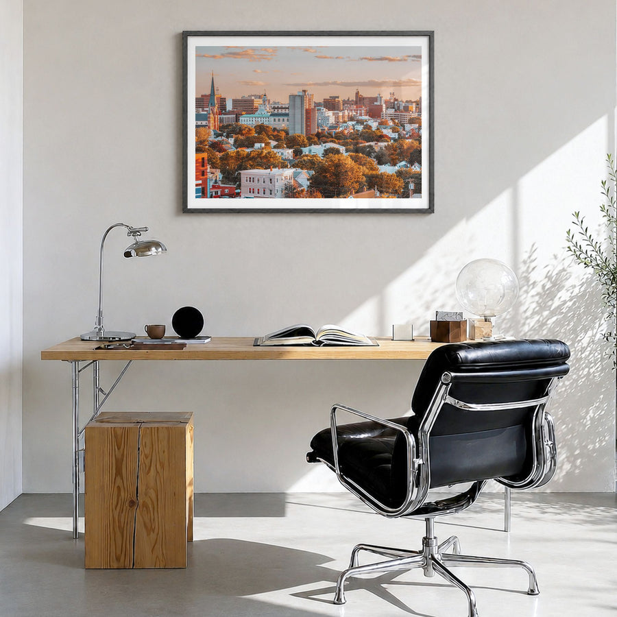 Portland, Maine Photo Poster in a black wood frame, hanging in a bright home office, white border