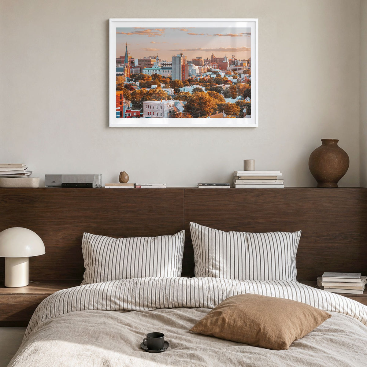 Portland, Maine Photo Poster in a white wood frame, hanging in a bedroom, white border