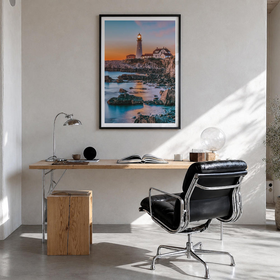 Portland, Maine no. 2 colorful photo poster of Maine, USA – vertical wall art in black wood frame with white border, hanging 