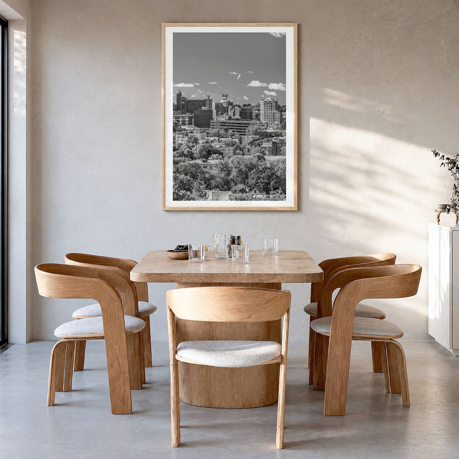 Portland, Maine Photo Poster in a natural wood frame, hanging in a dining room, white border