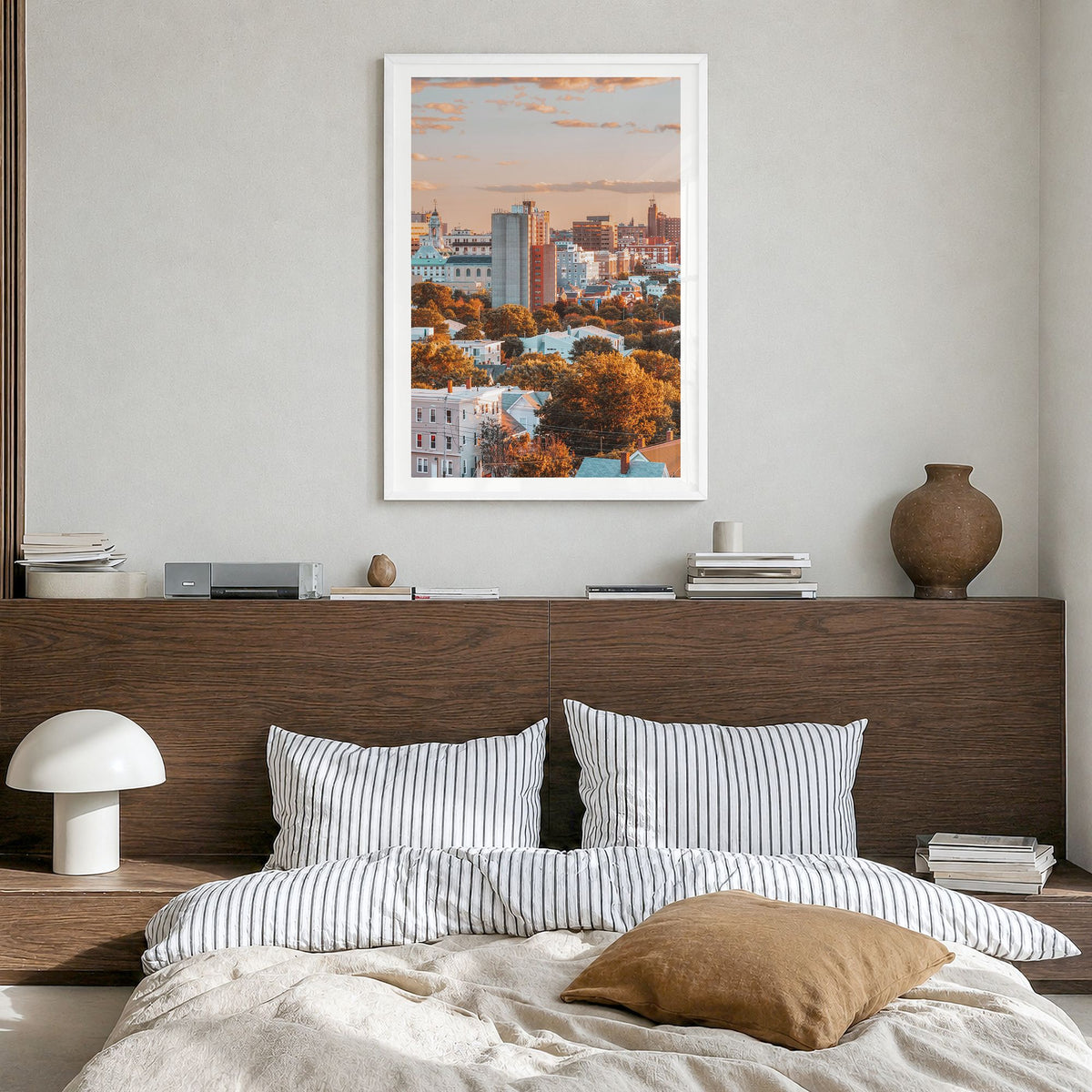 Portland, Maine Photo No 1 Poster in a white wood frame, hanging in a bedroom, white border