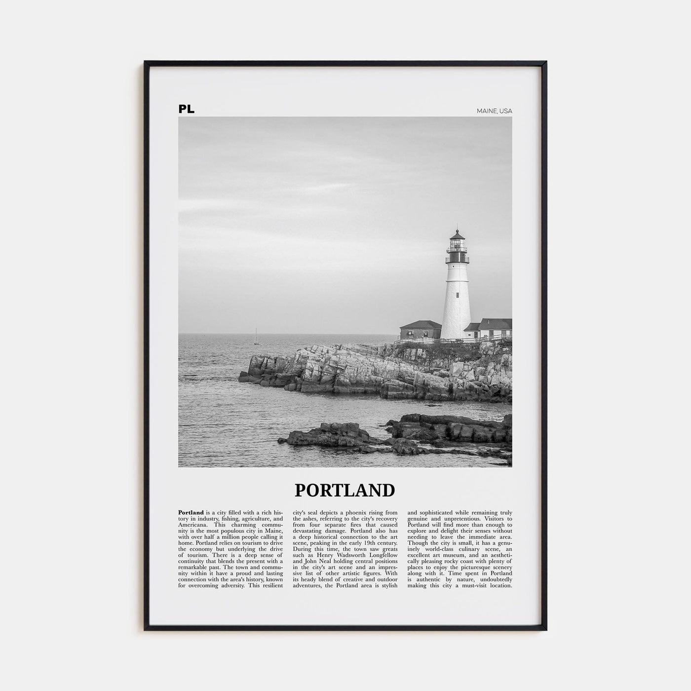 Portland, Maine Poster Black Metal / 8x12 in Nbourhood Travel B&W Poster