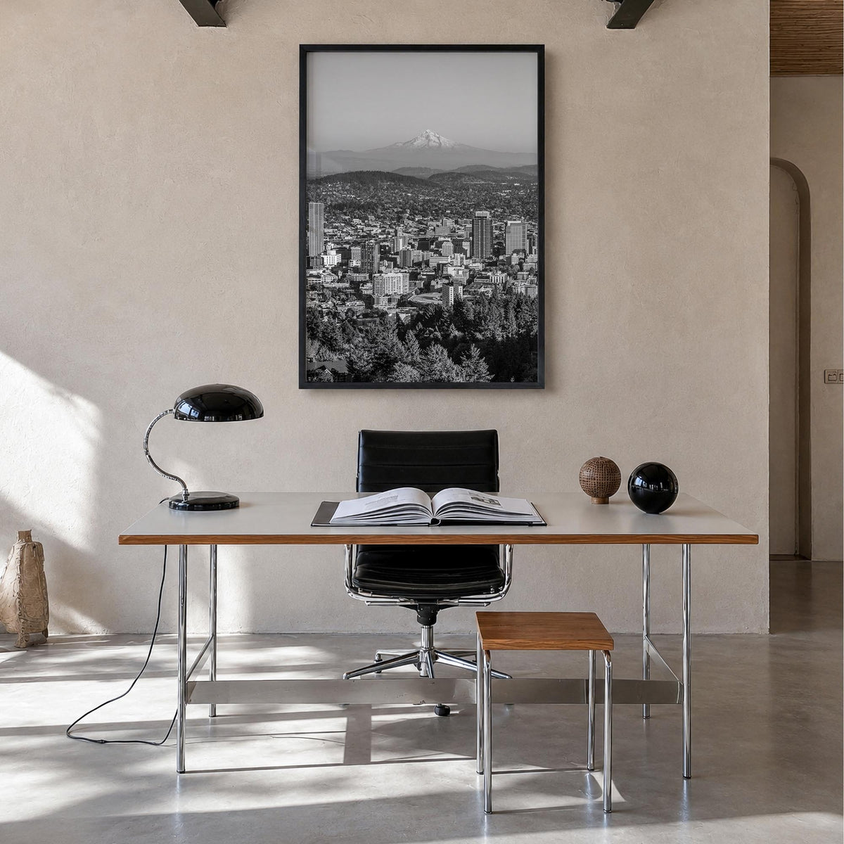 Portland, Oregon black & white photo poster of Oregon, USA – vertical wall art in black wood frame, hanging on wall