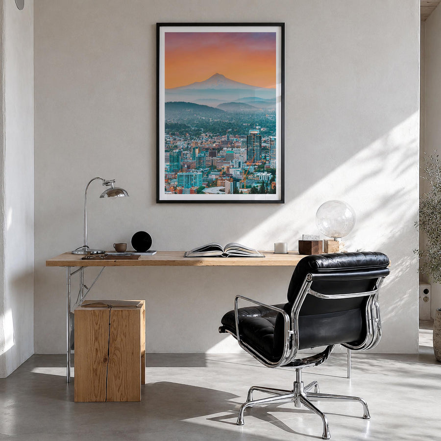 Portland, Oregon colorful photo poster of Oregon, USA – vertical wall art in black wood frame with white border, hanging on w