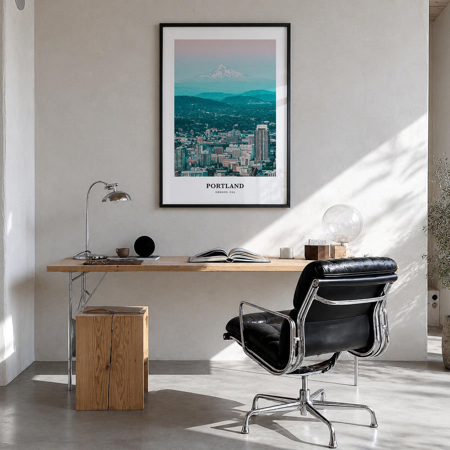Portland, Oregon no. 1 colorful classic poster of Oregon, USA – vertical wall art in black wood frame, hanging on wall