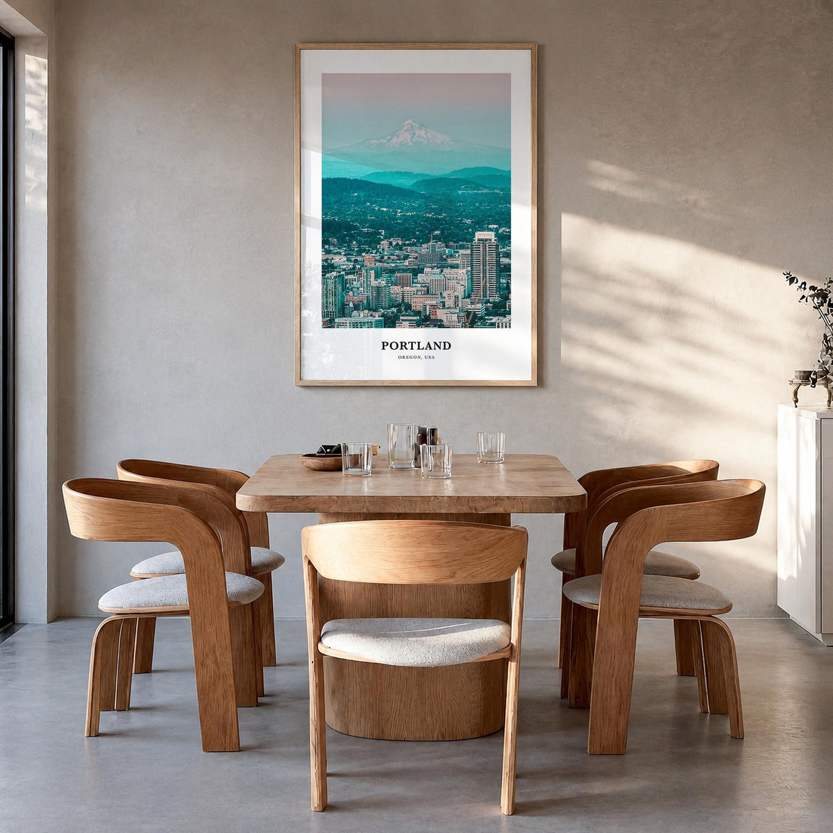 Portland, Oregon no. 1 colorful classic poster of Oregon, USA – vertical wall art in natural wood frame, hanging on wall