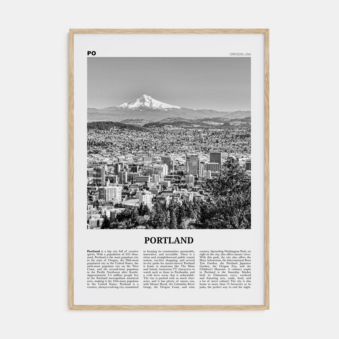 Portland, Oregon No 1 Poster Natural Wood / 8x12 in Nbourhood Travel B&W Poster