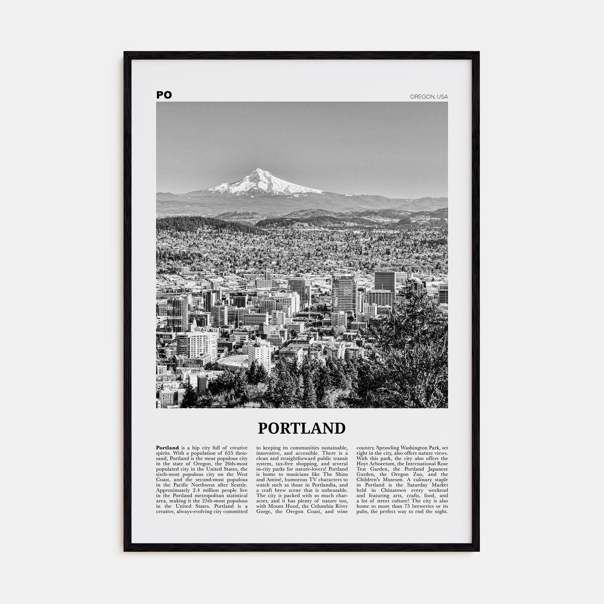 Portland, Oregon No 1 Poster Black Wood / 8x12 in Nbourhood Travel B&W Poster