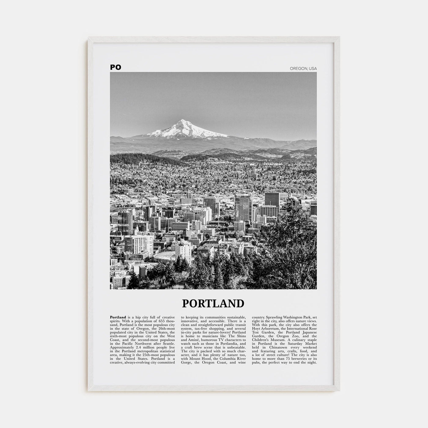 Portland, Oregon No 1 Poster White Wood / 8x12 in Nbourhood Travel B&W Poster