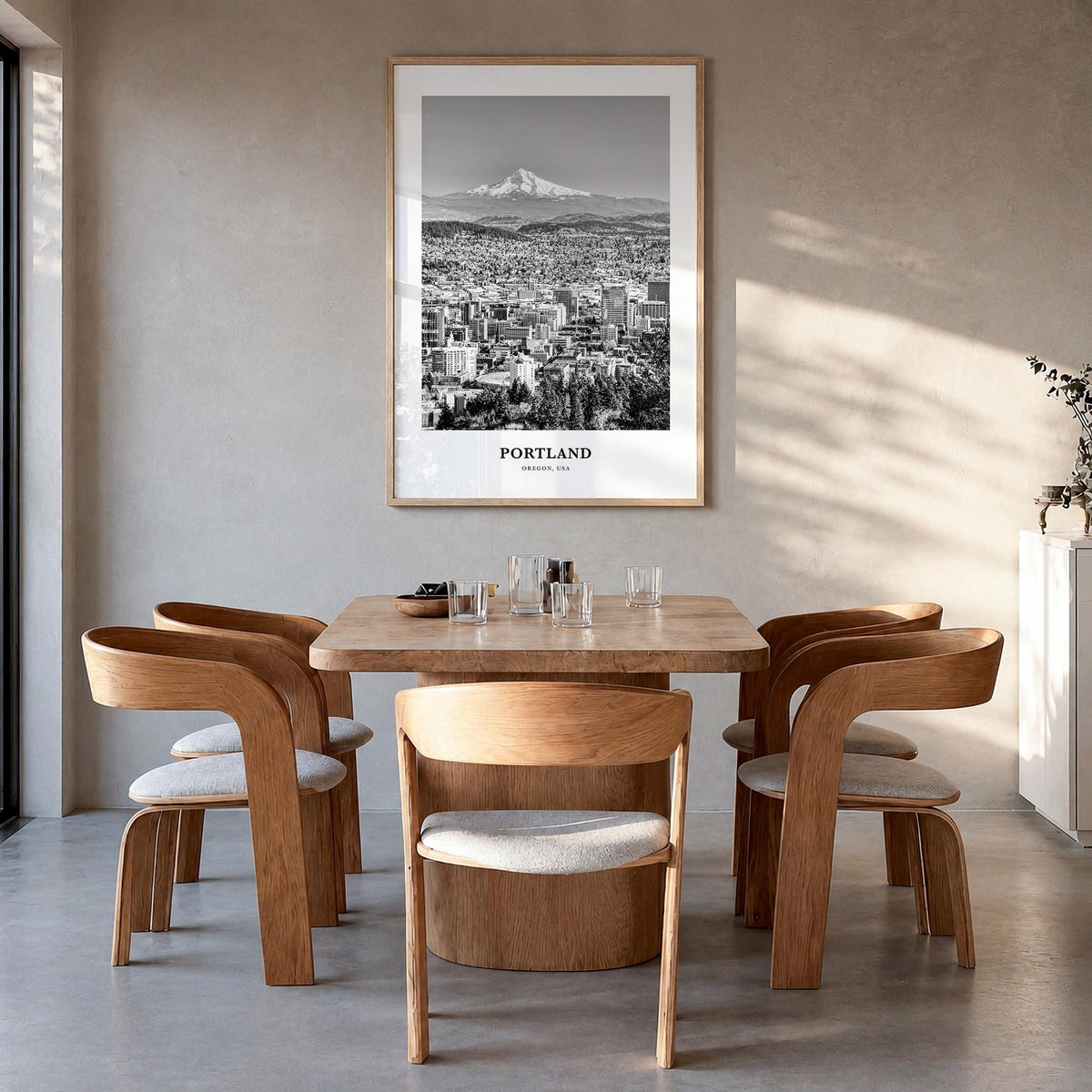 Portland, Oregon no. 2 black & white classic poster of Oregon, USA – vertical wall art in natural wood frame, hanging on wall