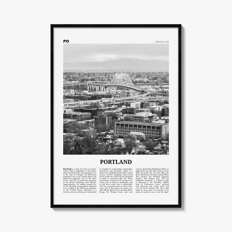 Portland, Oregon no. 2 black & white newspaper poster of Oregon, USA – vertical wall art, unframed print shown in interior mo