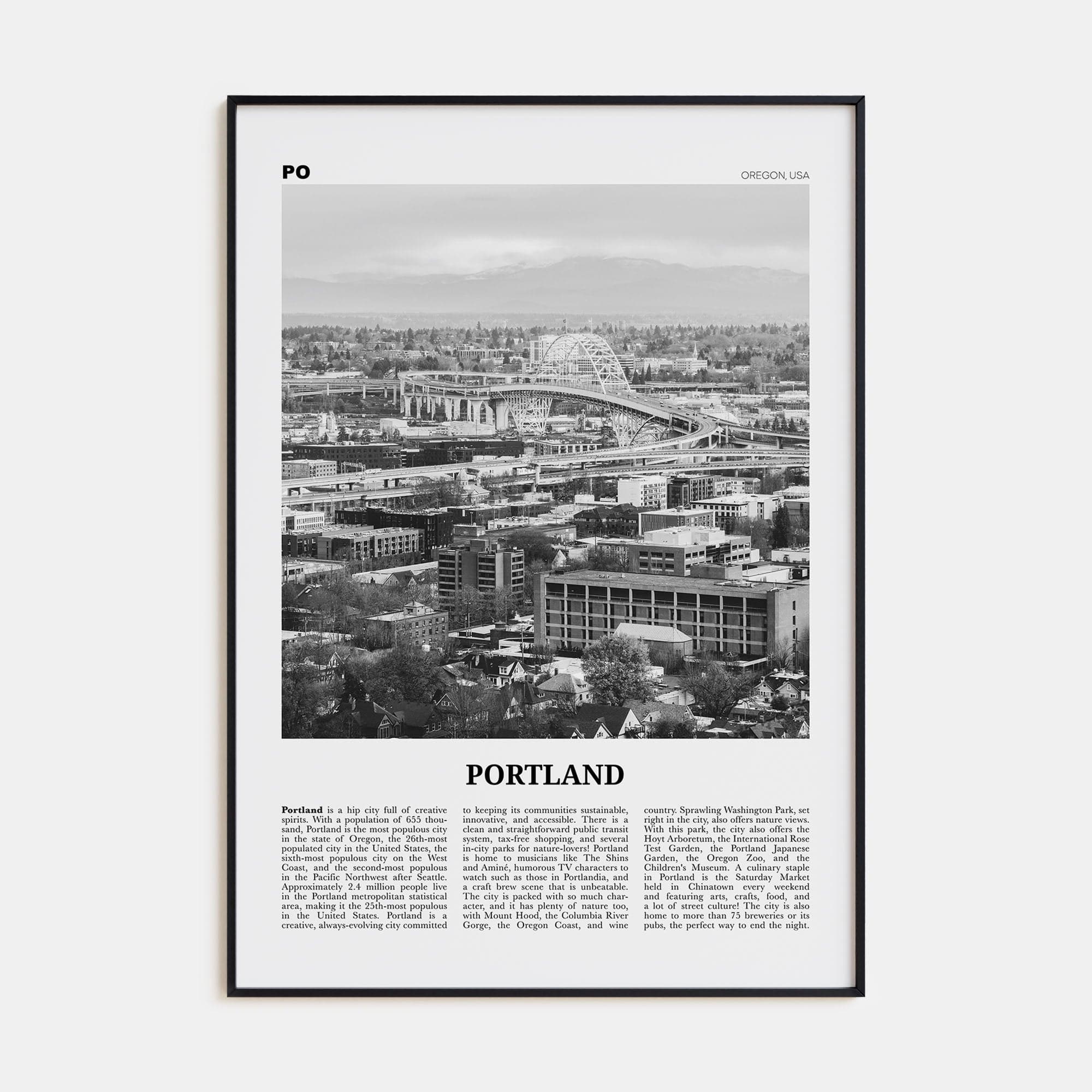 Portland, Oregon No 2 Poster Black Metal / 8x12 in Nbourhood Travel B&W Poster