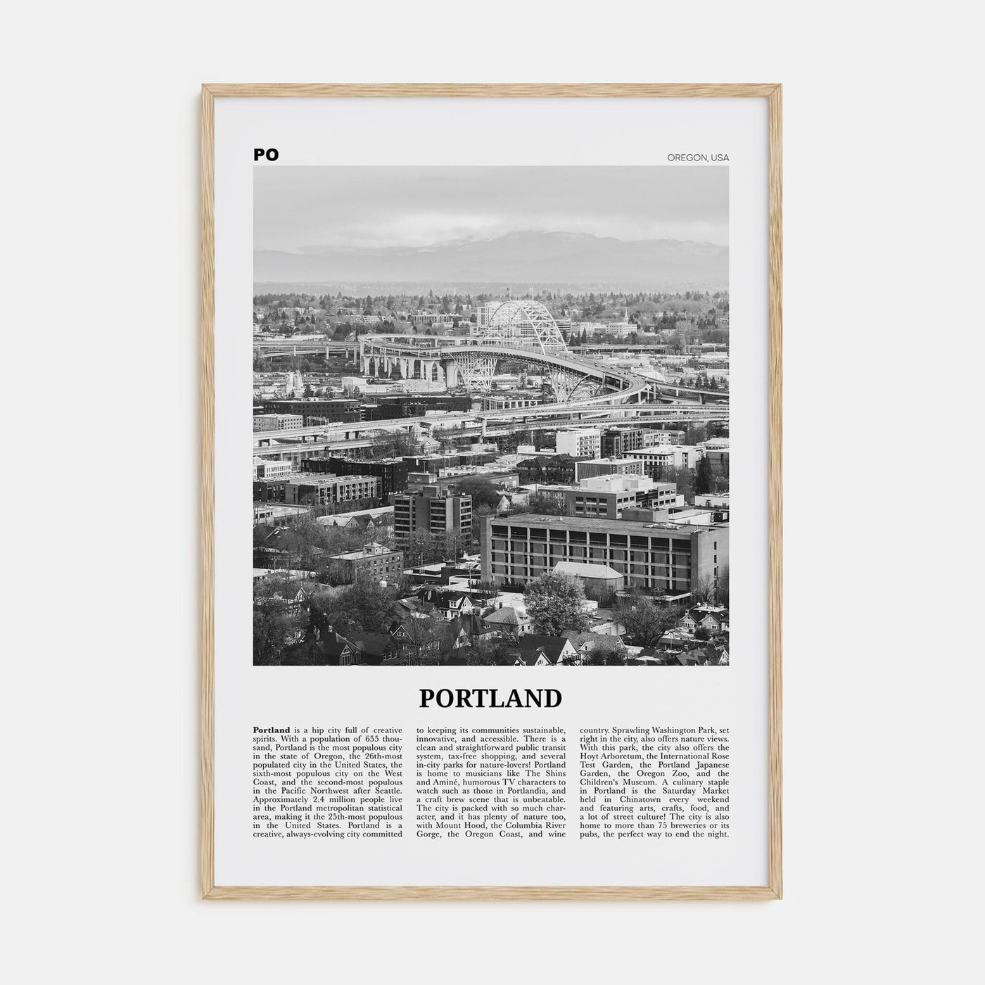 Portland, Oregon No 2 Poster Natural Wood / 8x12 in Nbourhood Travel B&W Poster