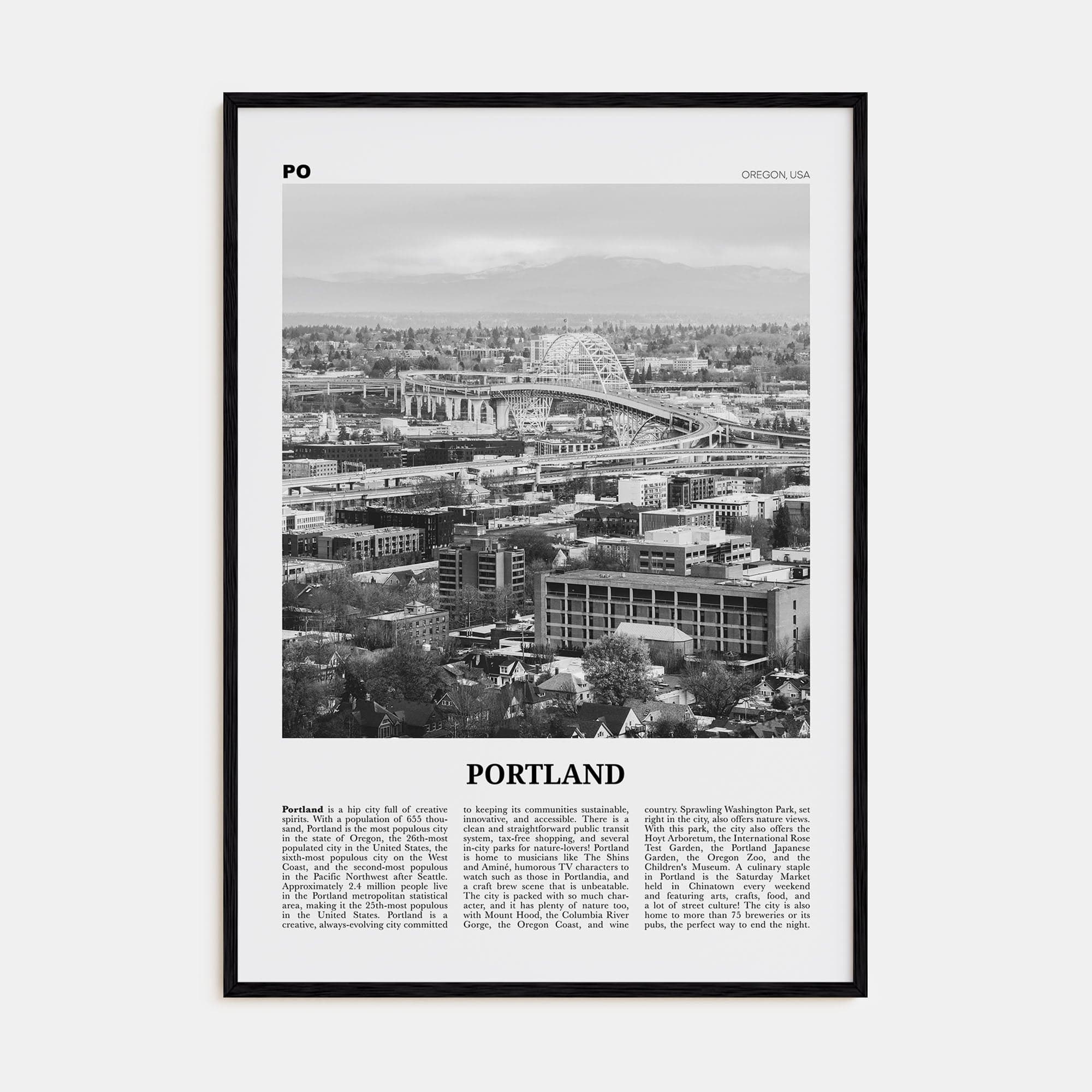 Portland, Oregon No 2 Poster Black Wood / 8x12 in Nbourhood Travel B&W Poster