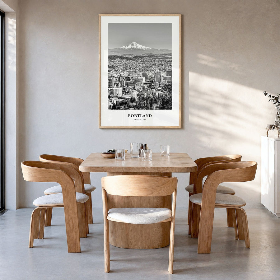 Portland, Oregon Classic No 2 Poster in a natural wood frame, hanging in a dining room