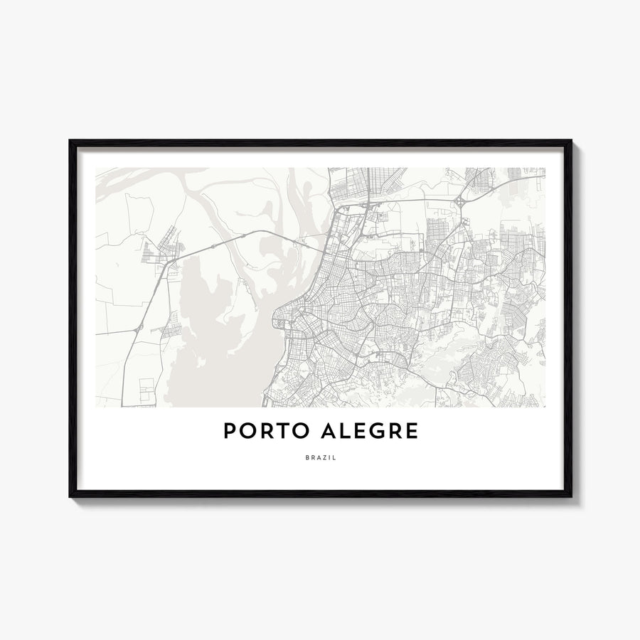 Porto Alegre black & white map poster of Brazil – horizontal wall art, unframed print shown in interior mockup