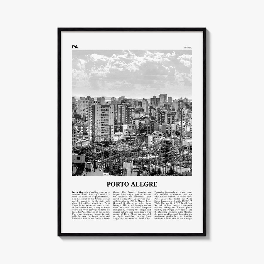 Porto Alegre black & white newspaper poster of Brazil – vertical wall art, unframed print shown in interior mockup