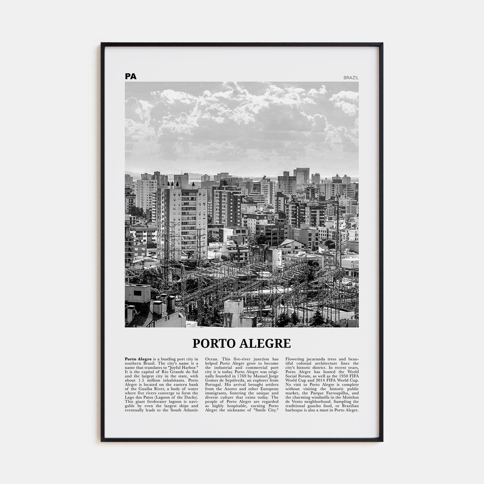 Porto Alegre Poster Black Metal / 8x12 in Nbourhood Travel B&W Poster