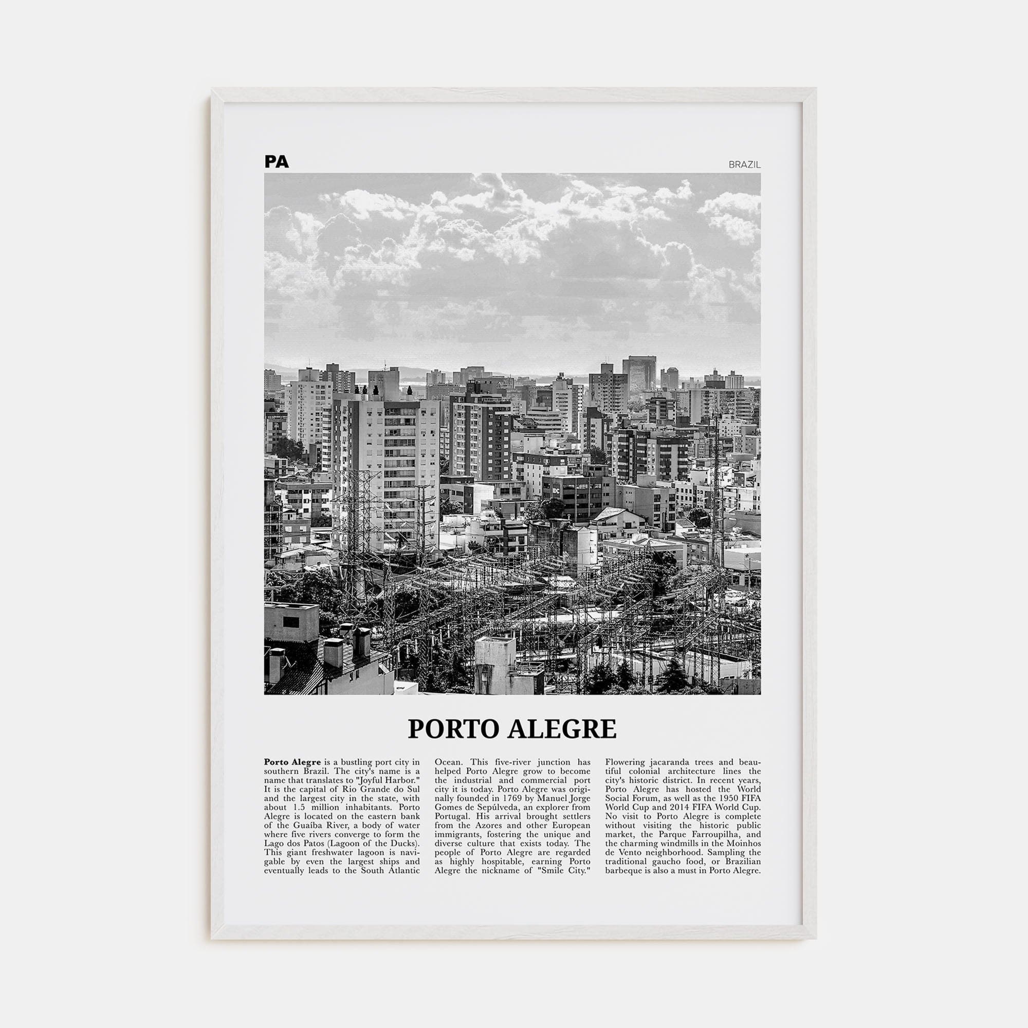 Porto Alegre Poster White Wood / 8x12 in Nbourhood Travel B&W Poster