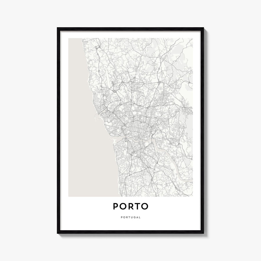 Porto black & white map poster of Portugal – vertical wall art, unframed print shown in interior mockup