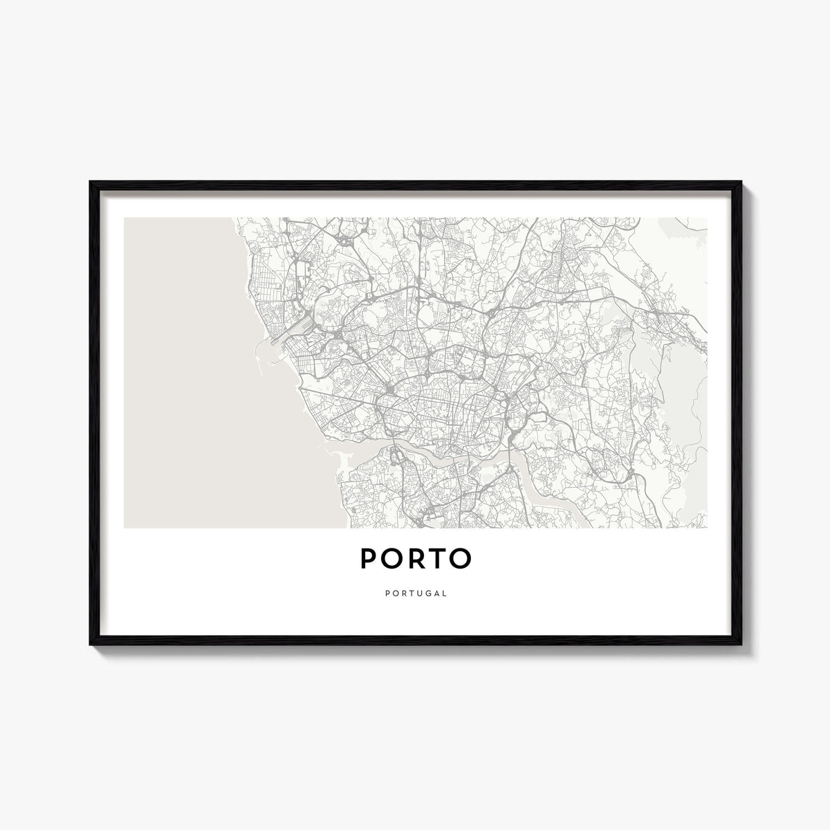 Porto black & white map poster of Portugal – horizontal wall art, unframed print shown in interior mockup