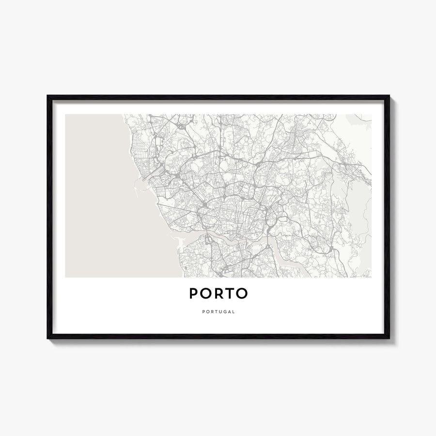 Porto black & white map poster of Portugal – horizontal wall art, unframed print shown in interior mockup