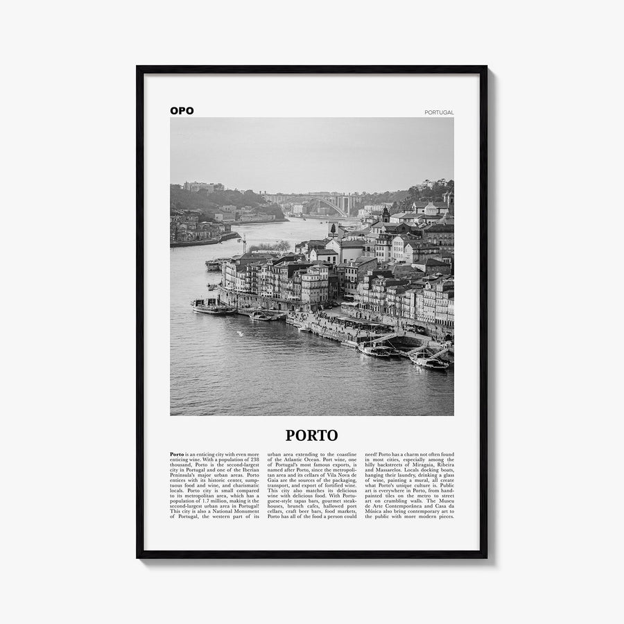 Porto black & white newspaper poster of Portugal – vertical wall art, unframed print shown in interior mockup