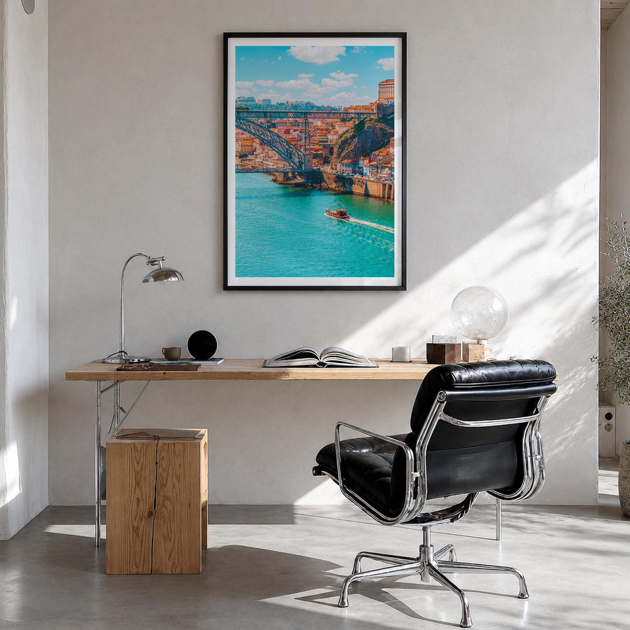 Porto colorful photo poster of Portugal – vertical wall art in black wood frame with white border, hanging on wall