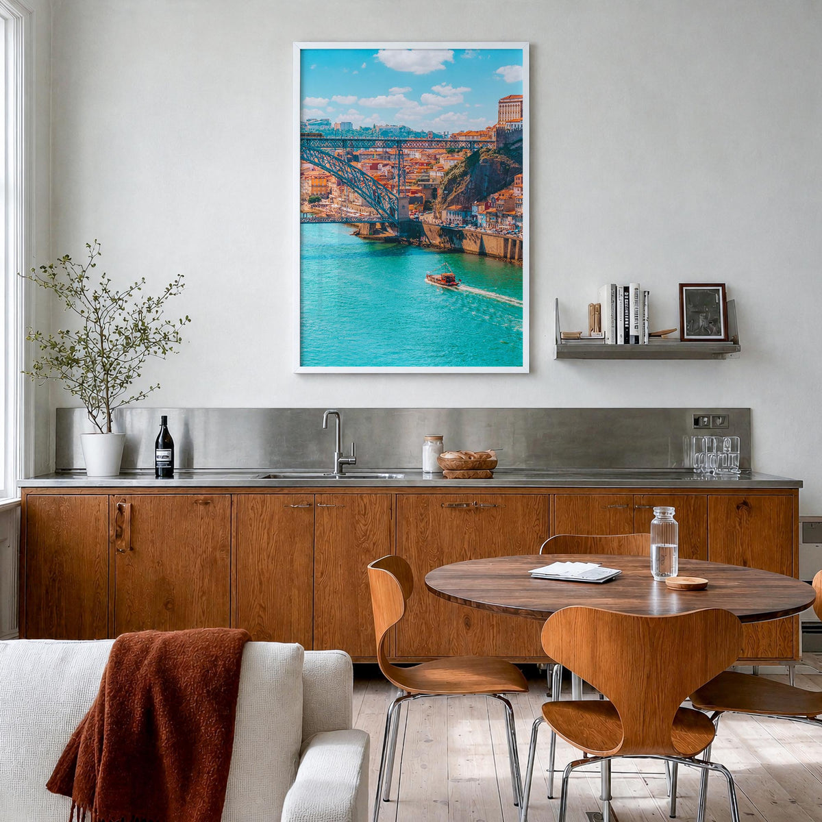 Porto colorful photo poster of Portugal – vertical wall art in white wood frame, hanging on wall