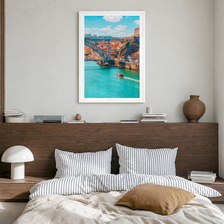 Porto Photo Poster in a white wood frame, hanging in a bedroom, white border