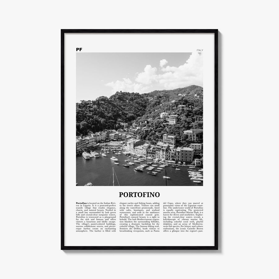 Portofino black & white newspaper poster of Italy – vertical wall art, unframed print shown in interior mockup