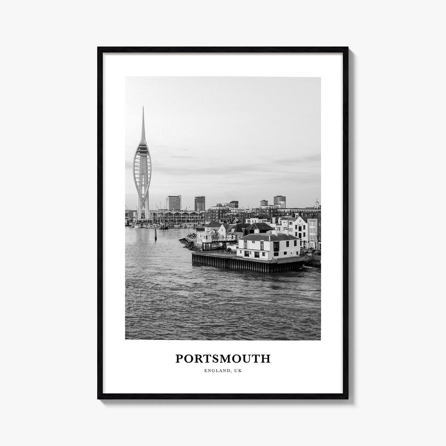Portsmouth, England no. 1 black & white classic poster of England, UK – vertical wall art, unframed print shown in interior m