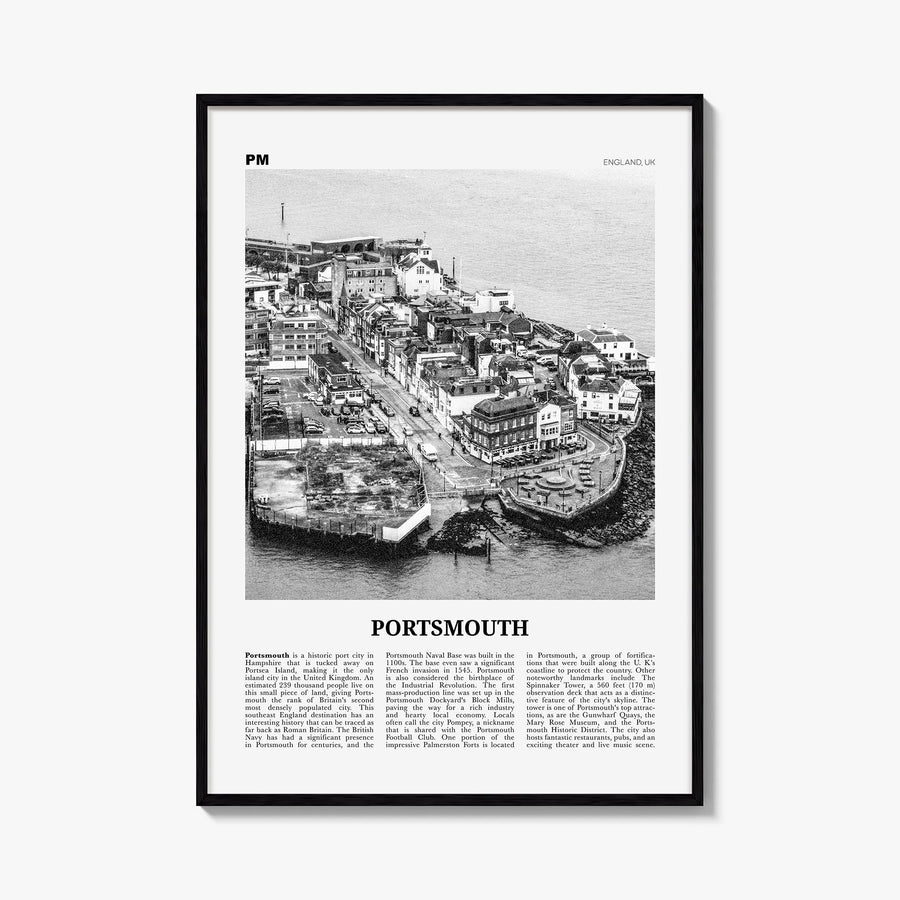 Portsmouth, England no. 1 black & white newspaper poster of England, UK – vertical wall art, unframed print shown in interior