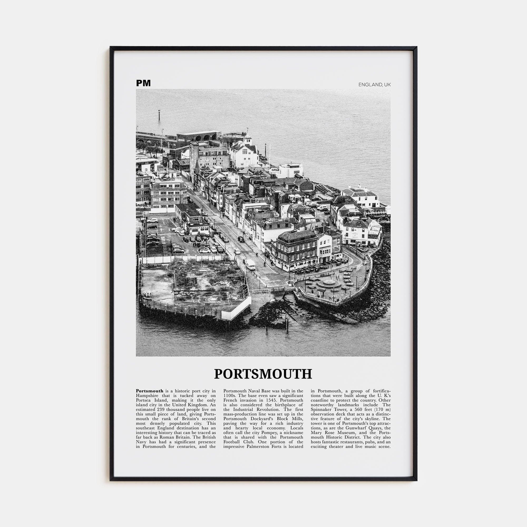 Portsmouth, England No 1 Poster Black Metal / 8x12 in Nbourhood Travel B&W Poster