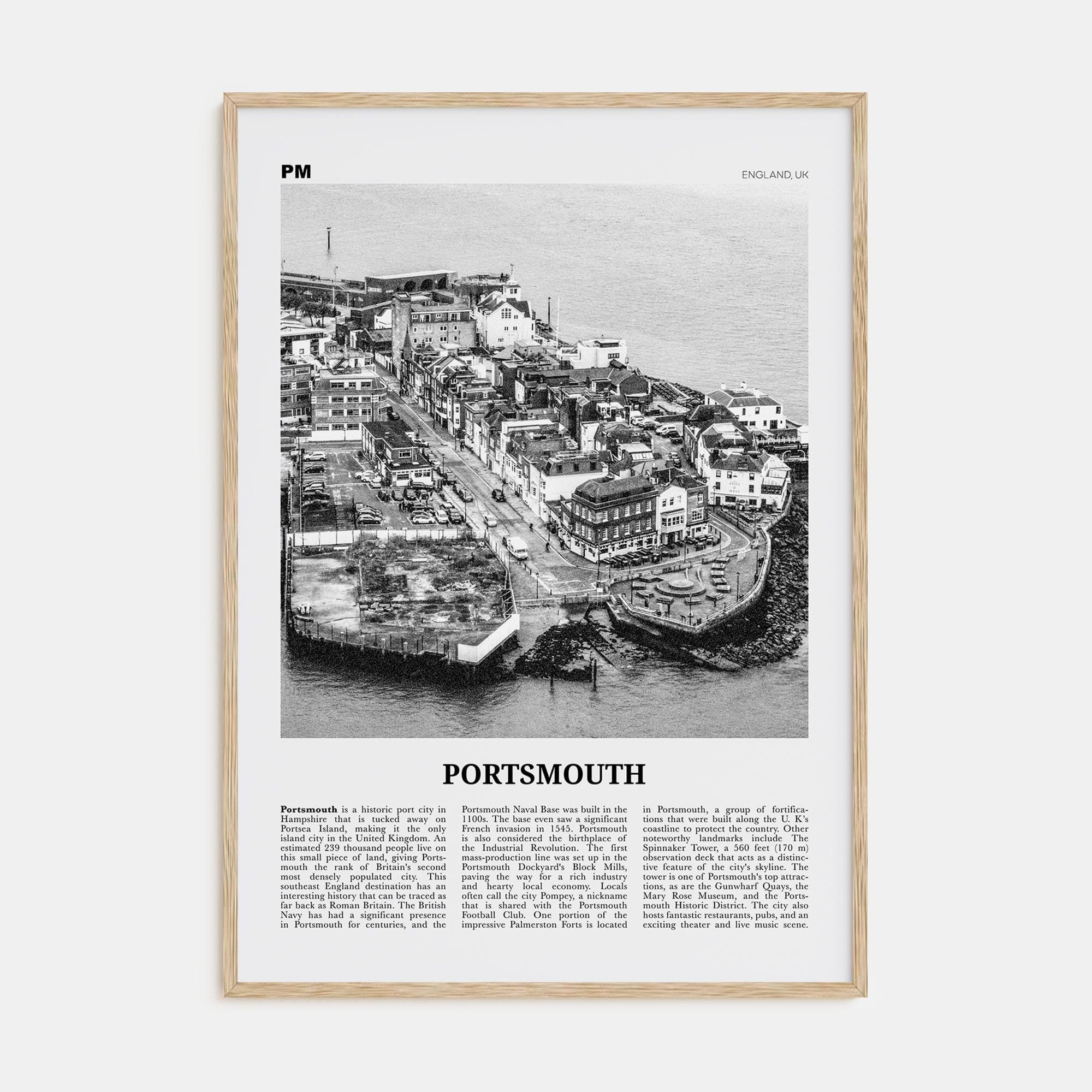 Portsmouth, England No 1 Poster Natural Wood / 8x12 in Nbourhood Travel B&W Poster