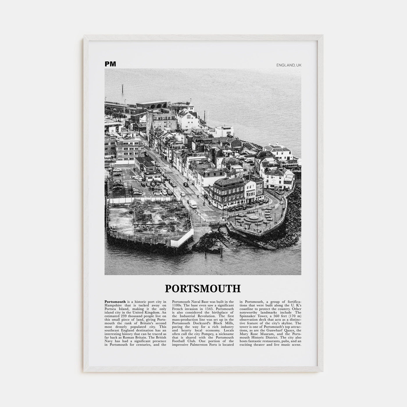 Portsmouth, England No 1 Poster White Wood / 8x12 in Nbourhood Travel B&W Poster