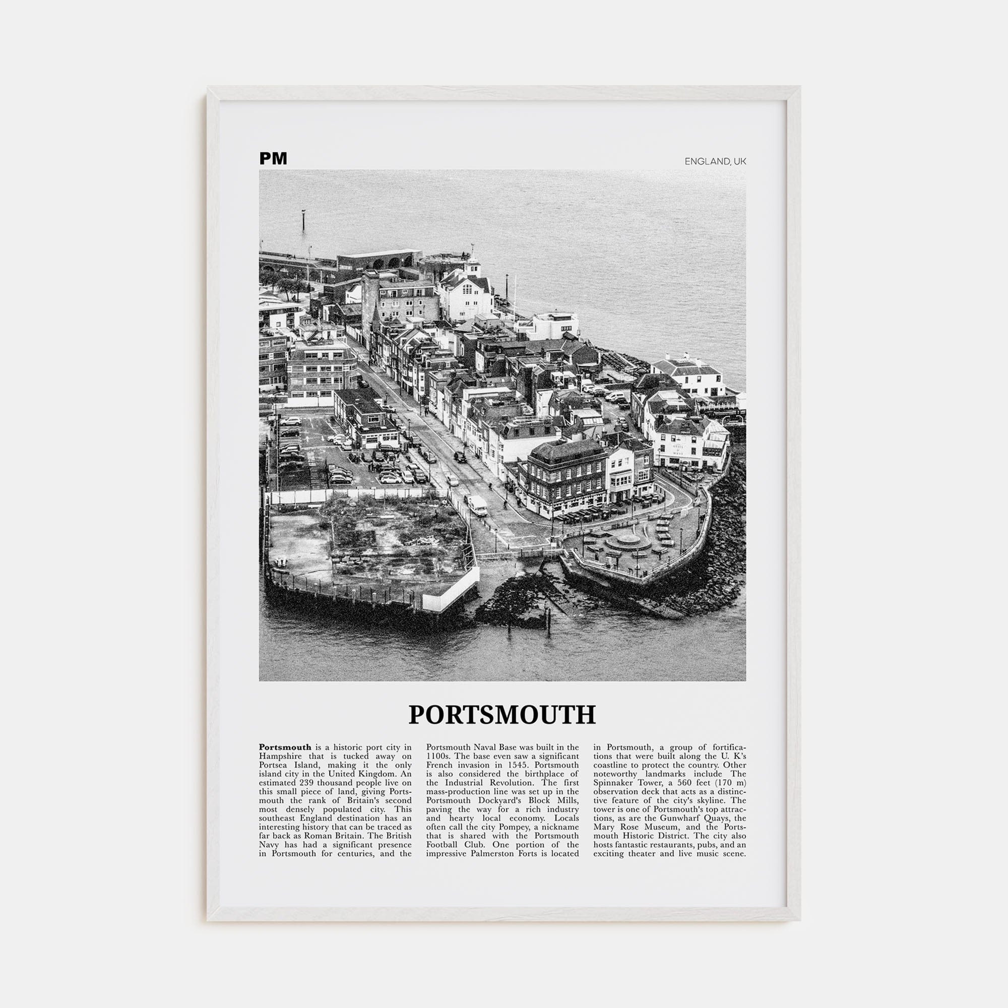 Portsmouth, England No 1 Poster White Wood / 8x12 in Nbourhood Travel B&W Poster