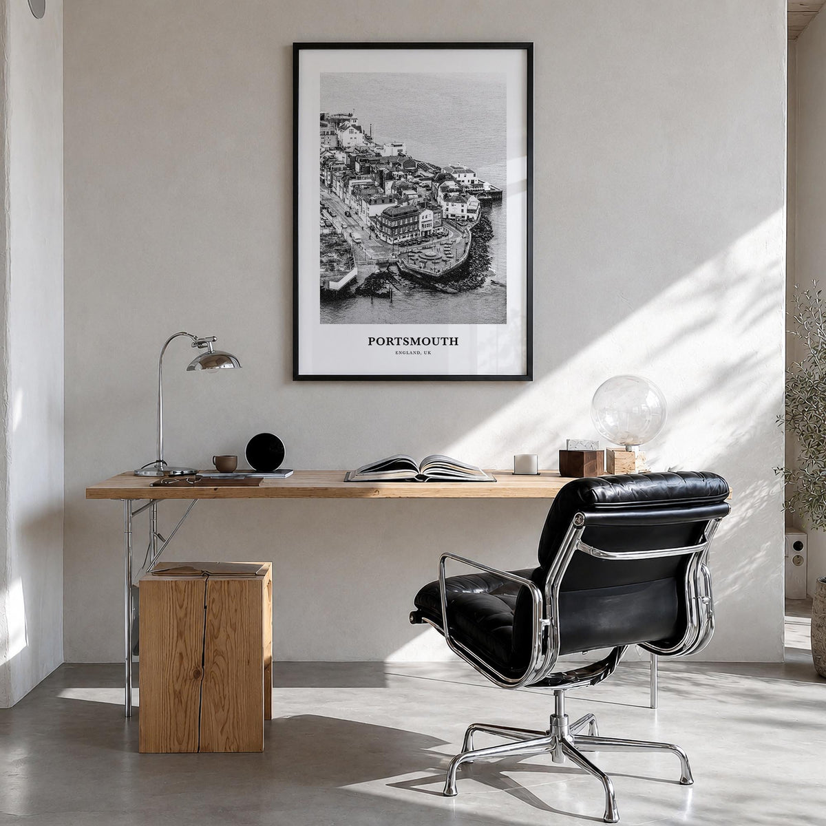 Portsmouth, England no. 2 black & white classic poster of England, UK – vertical wall art in black wood frame, hanging on wal