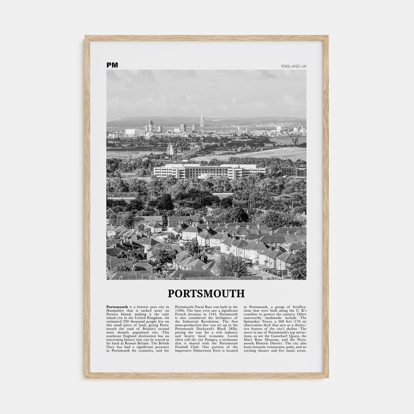 Portsmouth, England No 2 Poster Natural Wood / 8x12 in Nbourhood Travel B&W Poster