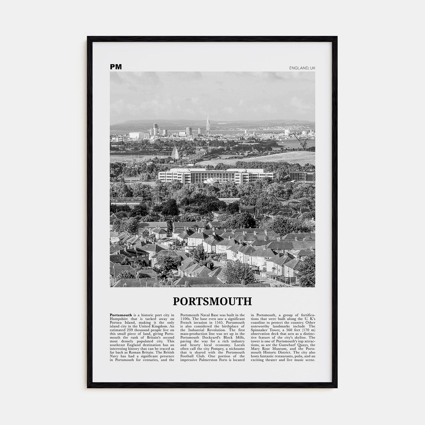 Portsmouth, England No 2 Poster Black Wood / 8x12 in Nbourhood Travel B&W Poster