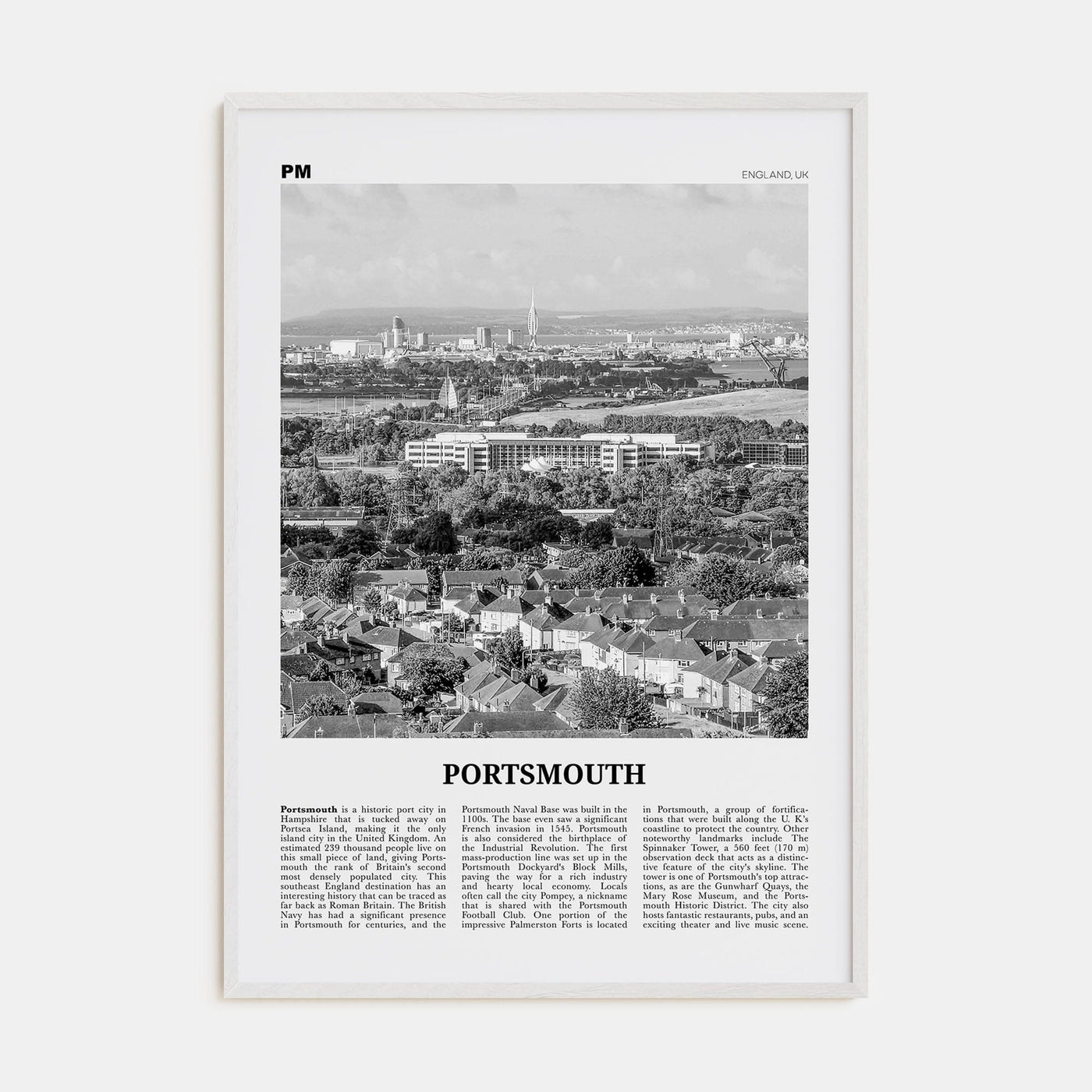 Portsmouth, England No 2 Poster White Wood / 8x12 in Nbourhood Travel B&W Poster