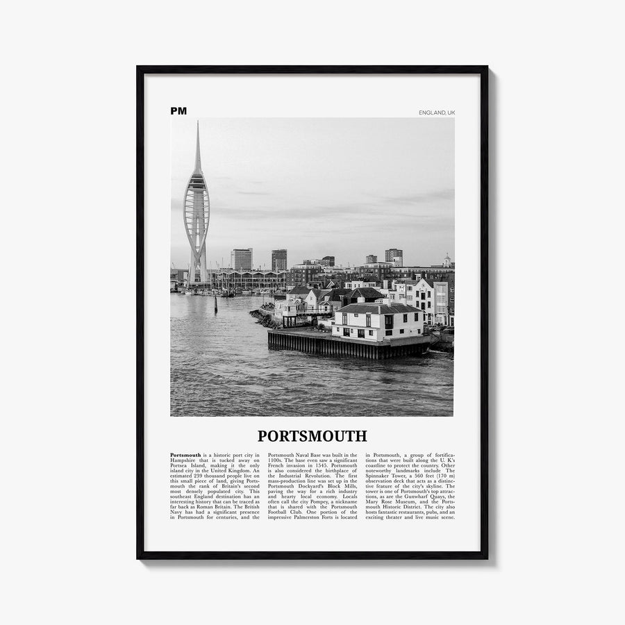 Portsmouth, England no. 3 black & white newspaper poster of England, UK – vertical wall art, unframed print shown in interior