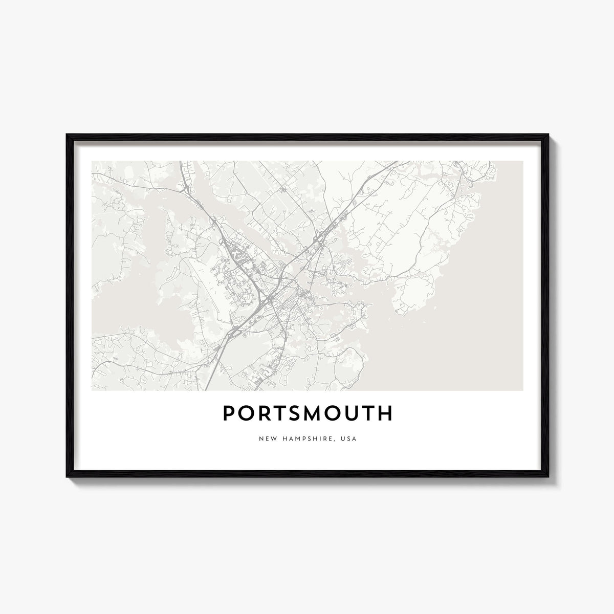 Portsmouth, New Hampshire black & white map poster of New Hampshire, USA – horizontal wall art, unframed print shown in inter