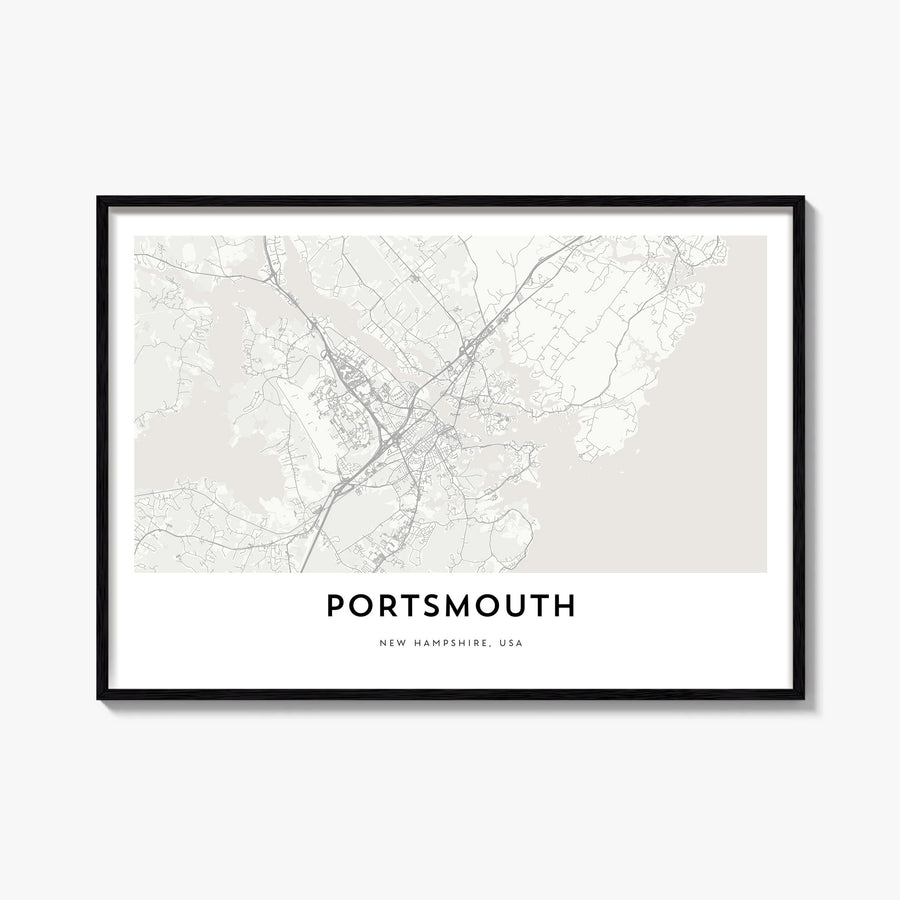 Portsmouth, New Hampshire black & white map poster of New Hampshire, USA – horizontal wall art, unframed print shown in inter
